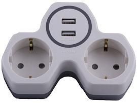 Разветвитель двухместный сетевой (+2 USB на 2.4А) с заземлением 16A 250В белый/серый ADP16-14-20 32872 STEKKER от поставщика КабельСпецСтрой