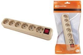 Колодка розеточная 6 гнезд 2П+3 с выключателем16А 250В «Эко» (сосна) SQ1806-0058 TDM от поставщика КабельСпецСтрой