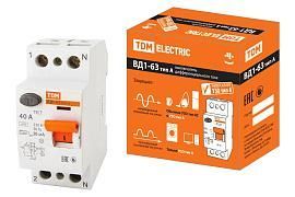 Выключатель дифференциального тока ВДТ (УЗО) 40А 2П двухполюсный 30мА тип А ВД1-63 SQ0203-0078 TDM от поставщика КабельСпецСтрой